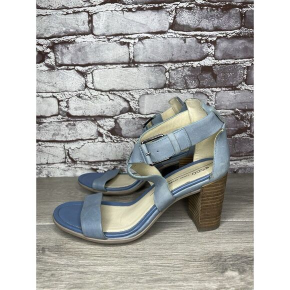 ECCO DANISH DESIGN Blue Leather Ankle Strappy Stacked Heel Sandals Women Sz 40EU - Picture 16 of 16